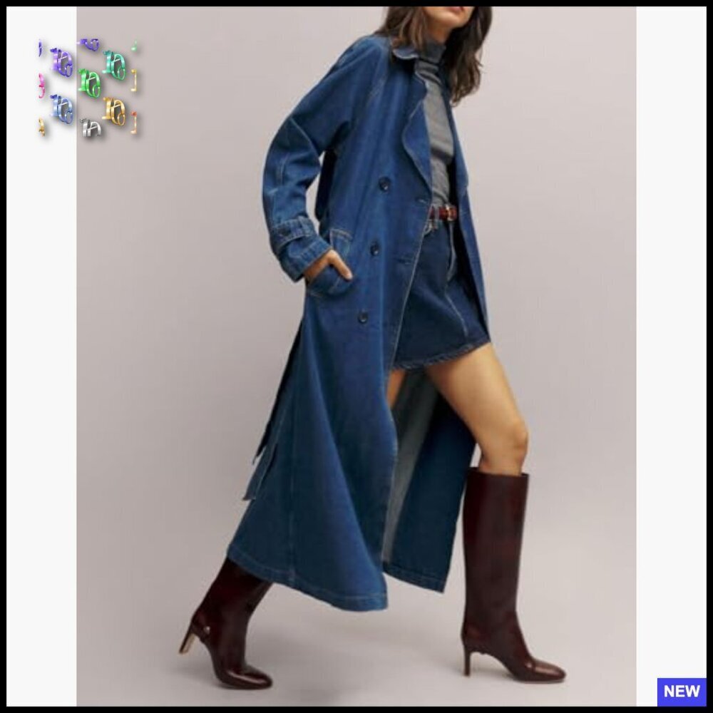 Denim Trench Coat Classic Double Breasted Midi Jacket With Belt Chic - Picture 6 of 7